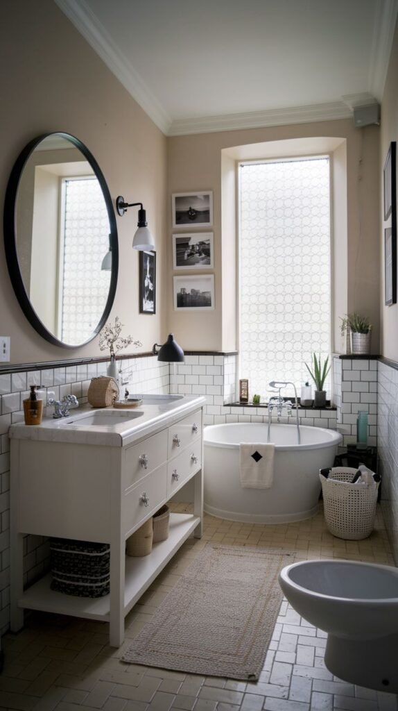 Modern Farmhouse Bathroom utilizing a wide built-in tub and a large frosted privacy window above it.