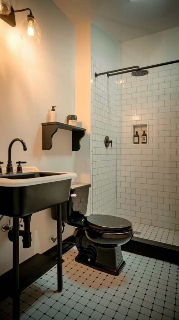 Modern Farmhouse Bathroom featuring black fixtures, including a black sink and toilet, against white subway tile.