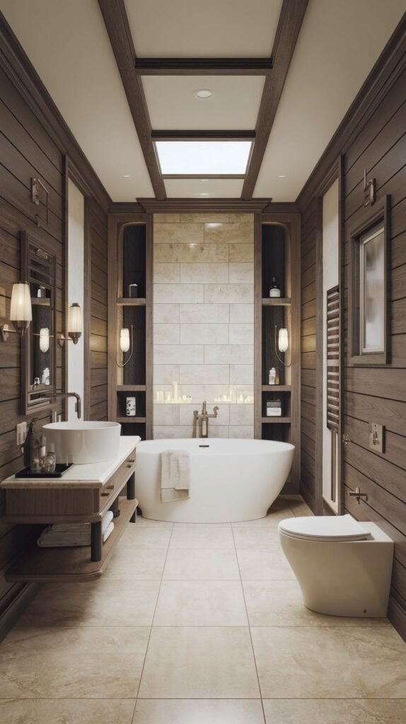 Modern Farmhouse Bathroom defined by deep wood paneling on the walls and a contemporary freestanding tub.