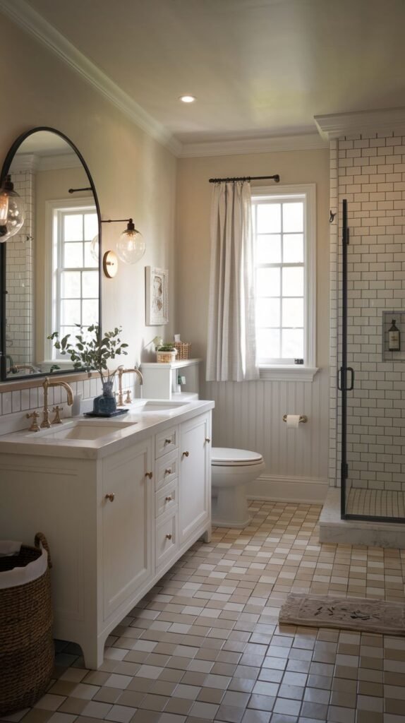Modern Farmhouse Bathroom featuring a mix of light beige walls, white beadboard, and checkerboard floor tiles.