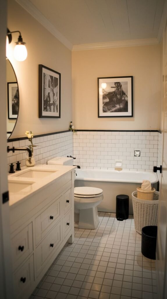 Modern Farmhouse Bathroom showing a white vanity, black and white gallery wall, and subway tile wainscoting.