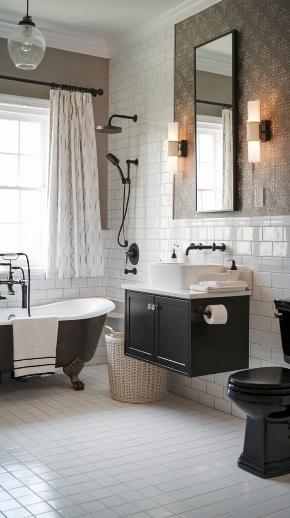 Modern Farmhouse Bathroom featuring a floating black vanity, black toilet, and a black clawfoot tub.