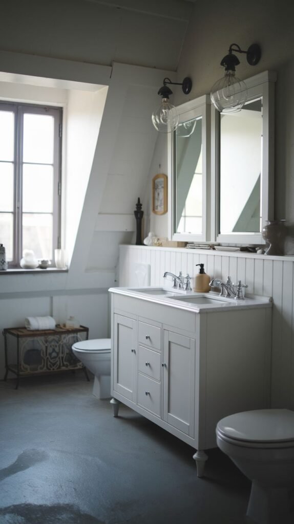 Modern Farmhouse Bathroom designed for a space with a sloped ceiling, featuring a large white vanity and vintage cage lighting.