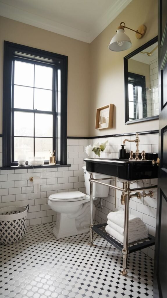 Modern Farmhouse Bathroom emphasizing black accents, geometric floor tiles, and a black console sink.