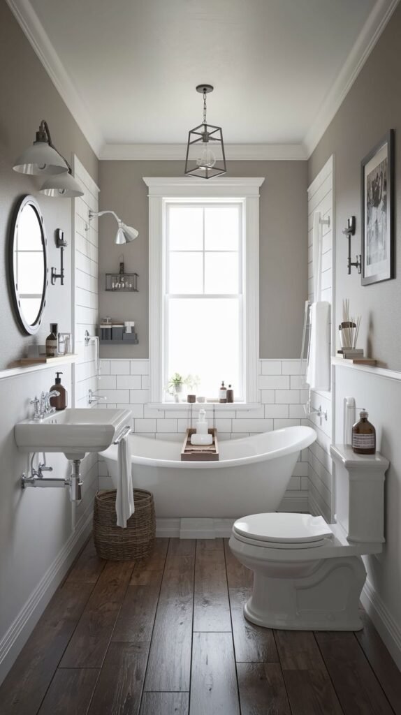 Modern Farmhouse Bathroom with dark wood flooring, white console sink, and a freestanding tub below a geometric pendant light.