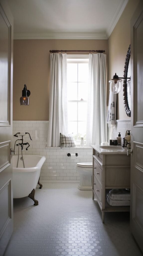 Modern Farmhouse Bathroom featuring a light greige vanity, clawfoot tub, and a window seat cushion.