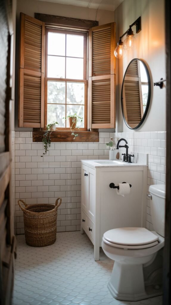 Modern Farmhouse Bathroom with rustic wood plantation shutters and unique scalloped white floor tiles.
