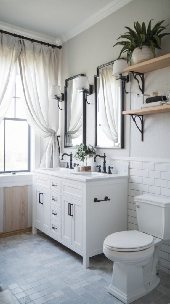Modern Farmhouse Bathroom showcasing a white double vanity, black fixtures, and tall, sheer tie-back curtains.