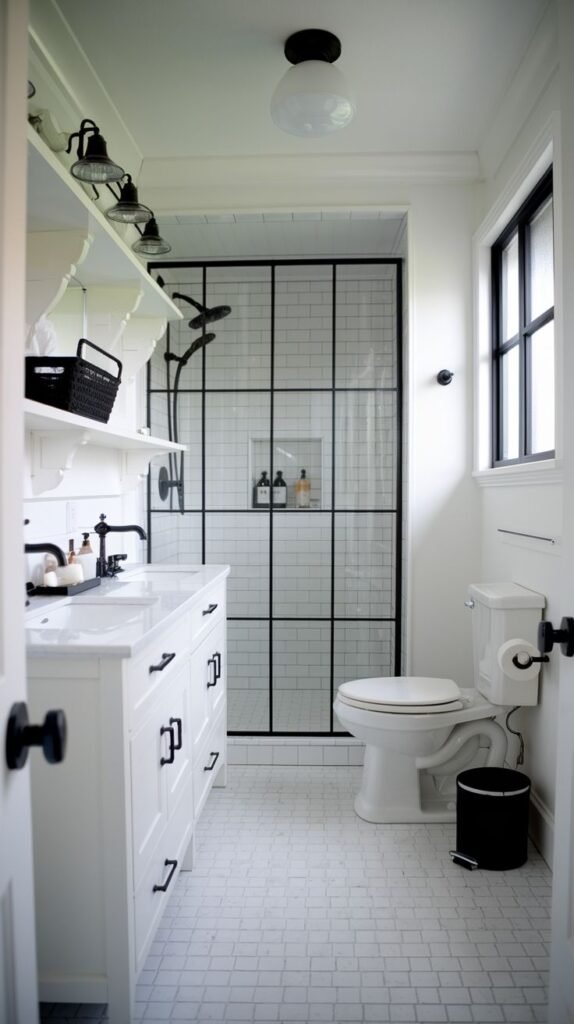 Modern Farmhouse Bathroom with a black grid shower enclosure, extensive white storage shelves, and white floor tiles.