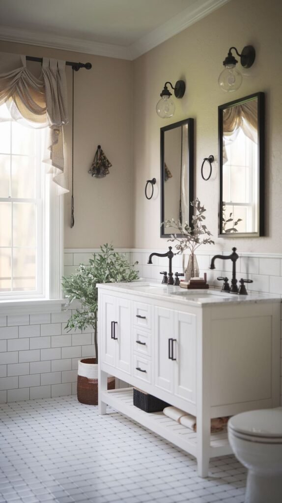 Modern Farmhouse Bathroom featuring an open-base double vanity, geometric floor tiles, and a voluminous window valance.