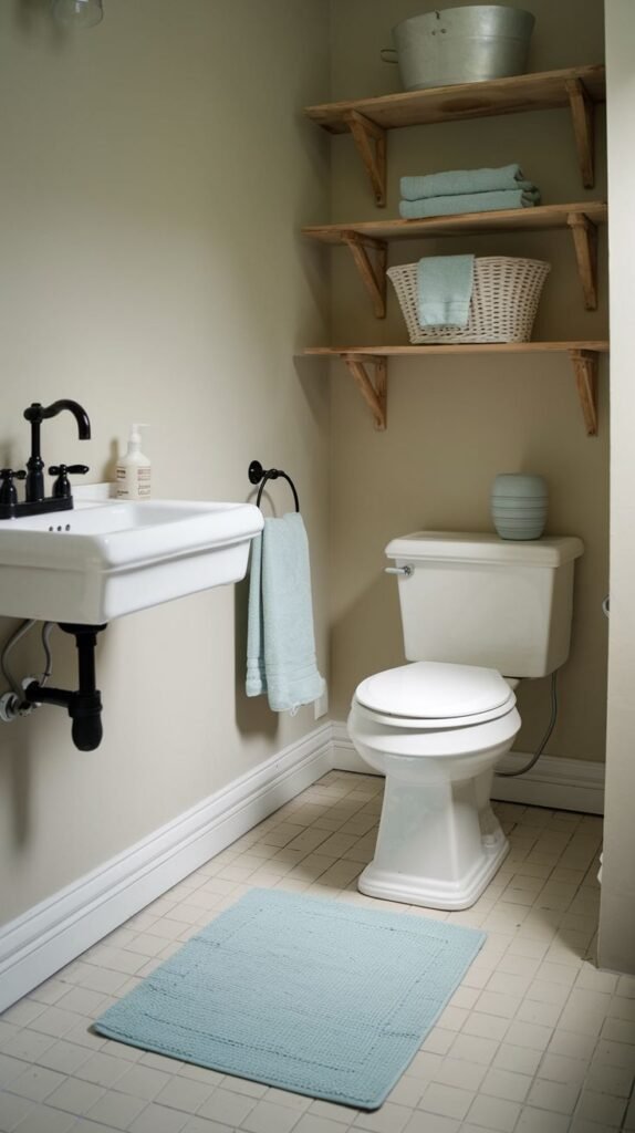 Modern Farmhouse Bathroom powder room featuring a wall-mounted sink and three light wood floating shelves.