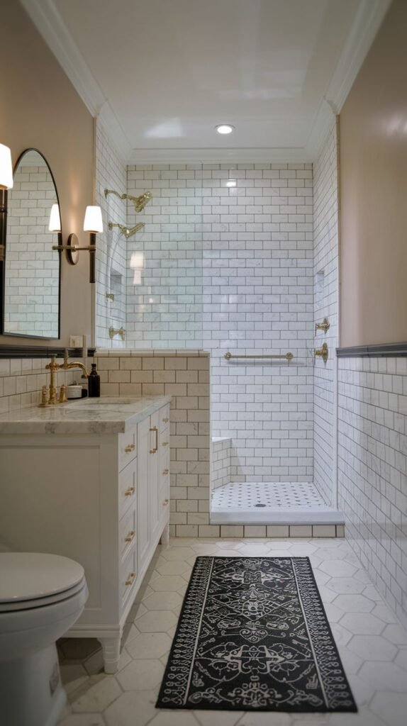 Modern Farmhouse Bathroom highlighting gold fixtures, a white marble vanity, and a black patterned runner rug.