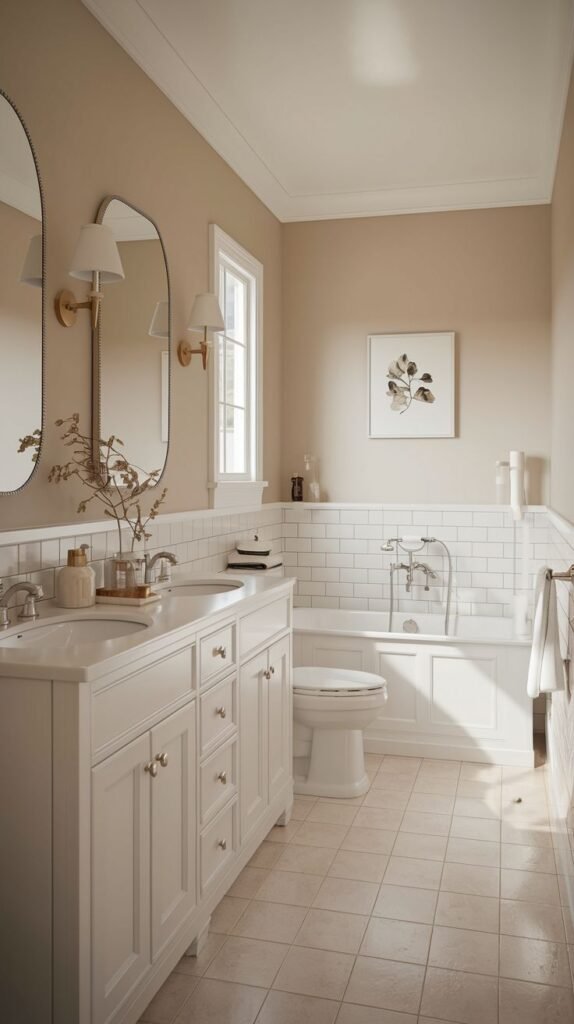 Modern Farmhouse Bathroom with a calming tan and white color scheme and twin oval mirrors with gold accents.