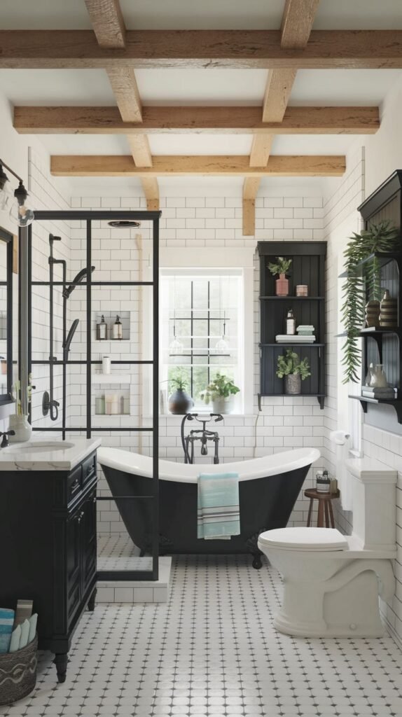 Modern Farmhouse Bathroom showcasing a black clawfoot tub, contrasting black shelving, and exposed wood ceiling beams.