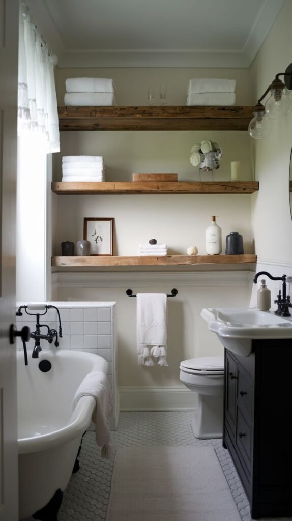 Modern Farmhouse Bathroom with prominent rustic wood floating shelves above a freestanding tub and a black vanity.