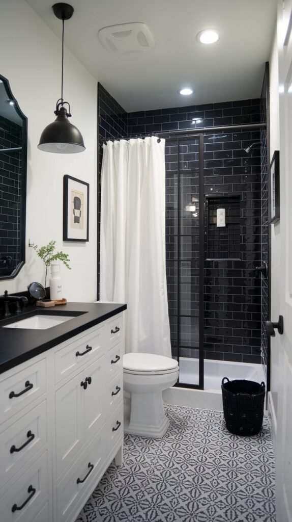 Modern Farmhouse Bathroom featuring bold geometric floor tiles and a high-contrast black subway tiled shower.