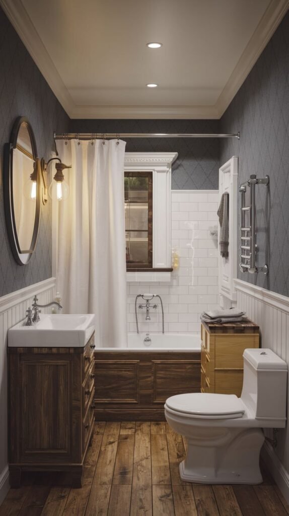 Modern Farmhouse Bathroom utilizing dark patterned wallpaper, rich wood elements, and a tub enclosure with wood paneling.