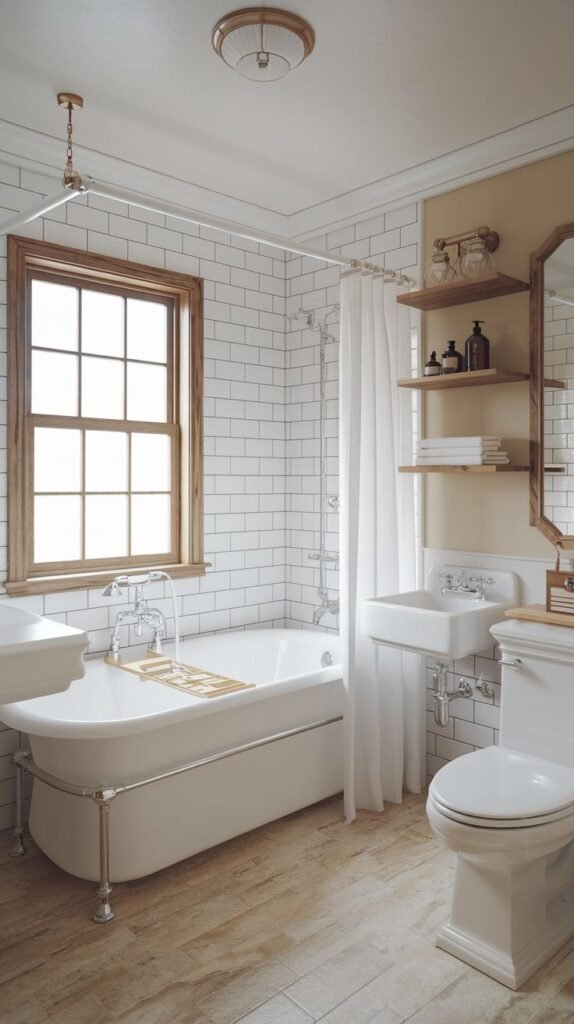 Modern Farmhouse Bathroom with a white clawfoot tub, chrome fixtures, and warm wood accents around the window.