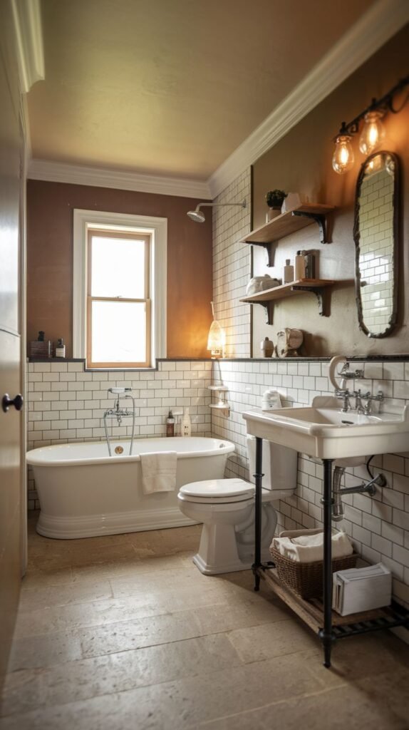 Modern Farmhouse Bathroom featuring terracotta walls, large stone floor tiles, and industrial lighting over the sink.