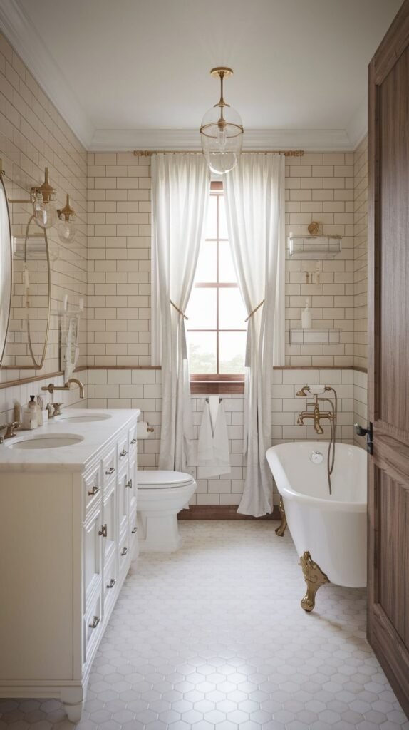 Modern Farmhouse Bathroom featuring a traditional clawfoot tub, double vanity, and prominent brass hardware accents.