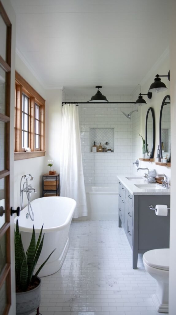 Modern Farmhouse Bathroom with a gray double vanity, freestanding tub, and natural wood window trim.