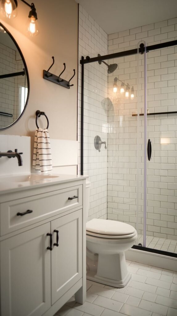 Modern Farmhouse Bathroom featuring a white vanity with black hardware, black-framed shower door over white subway tiles, and a circular black mirror.