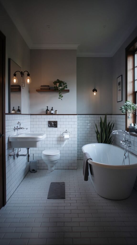 Modern Farmhouse Bathroom with a white freestanding bathtub, console sink, tiled wainscoting, and a rustic floating shelf.