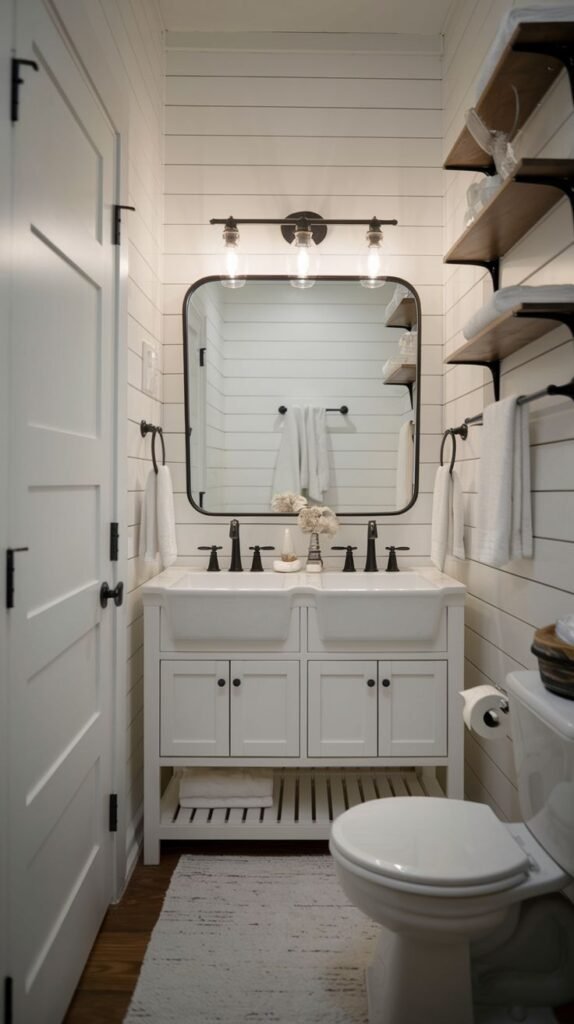Modern Farmhouse Bathroom showing shiplap walls, a white double vanity, and tall rustic floating shelves.