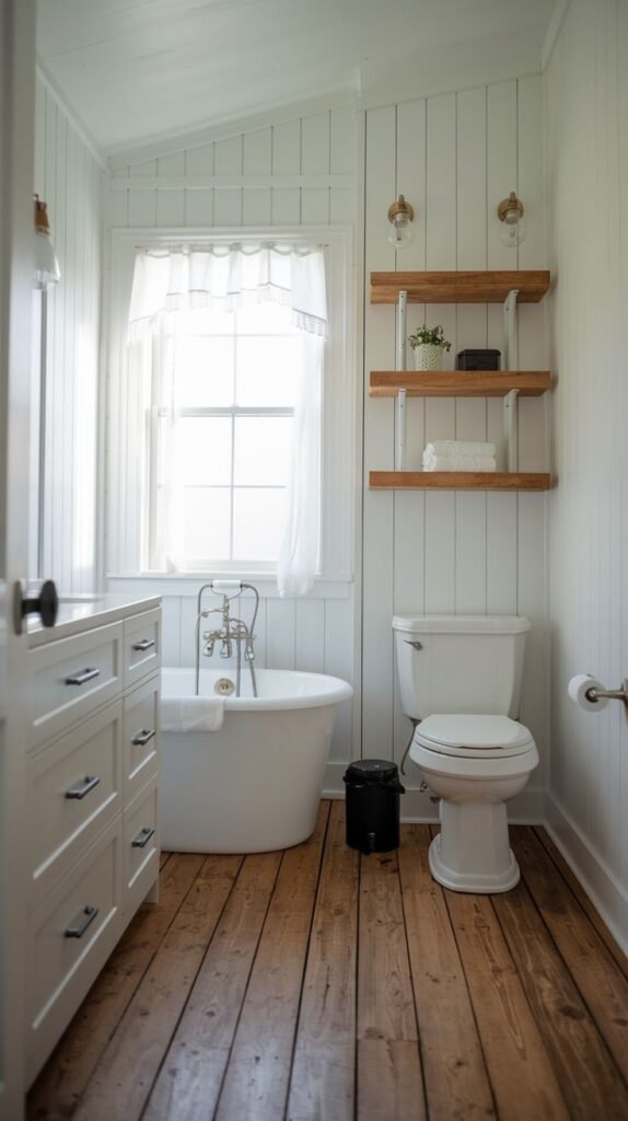 Modern Farmhouse Bathroom featuring wide plank wood flooring, vertical paneling, a pedestal toilet, and a freestanding tub by a large window.
