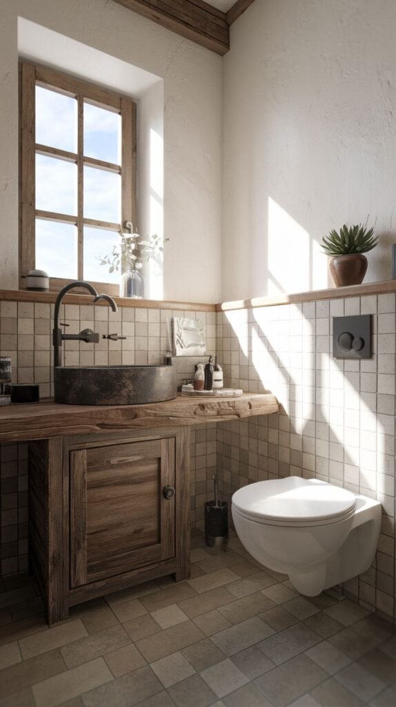Modern Farmhouse Bathroom highlighting a rustic wood vanity, dark vessel sink, and earth-toned tiled walls.