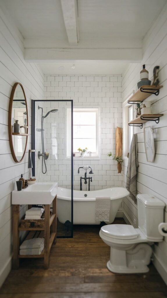 Modern Farmhouse Bathroom in a narrow layout with shiplap, exposed wood flooring, and a tub/shower separated by a black glass partition.