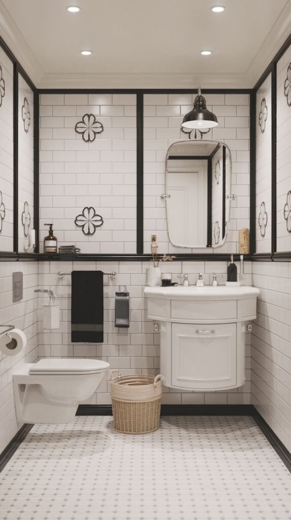 Modern Farmhouse Bathroom with high-contrast black trim, white subway tile, and small geometric floor pattern.