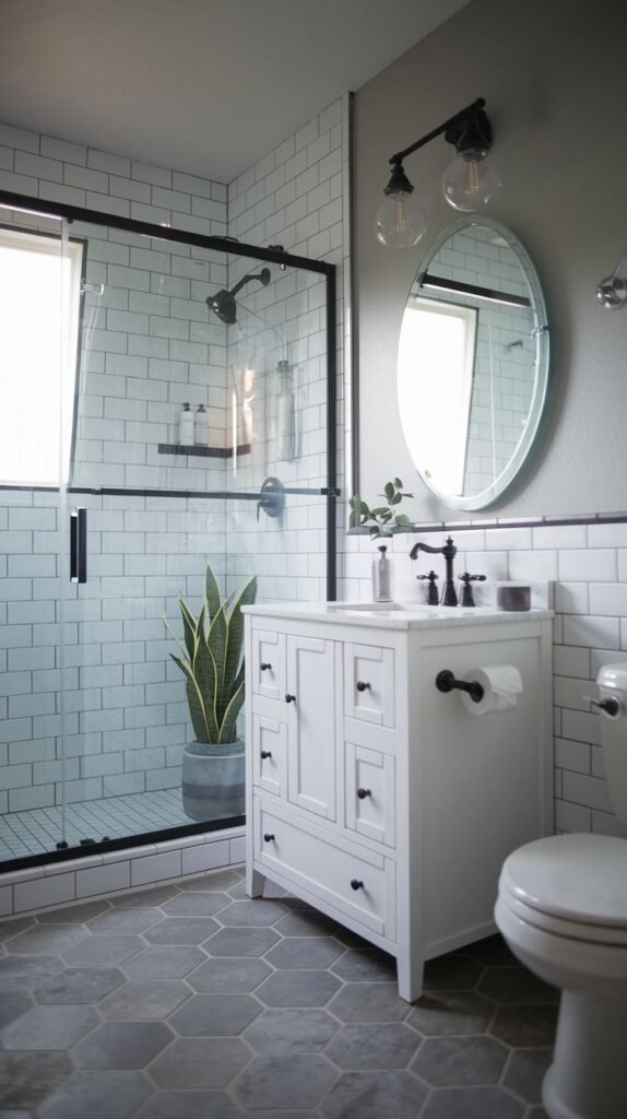 Modern Farmhouse Bathroom featuring gray hexagon floor tiles, a white vanity, and a black-framed glass shower enclosure.
