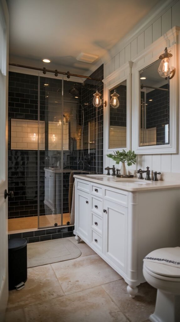 Modern Farmhouse Bathroom with dramatic black subway tile shower walls, a white vanity, and tan stone flooring.