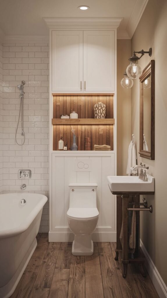 Modern Farmhouse Bathroom emphasizing vertical storage with an illuminated wood niche above the toilet and wood plank flooring.