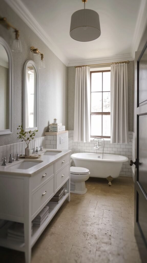 Modern Farmhouse Bathroom using subtle gray patterned wallpaper and a clawfoot tub with gold hardware.