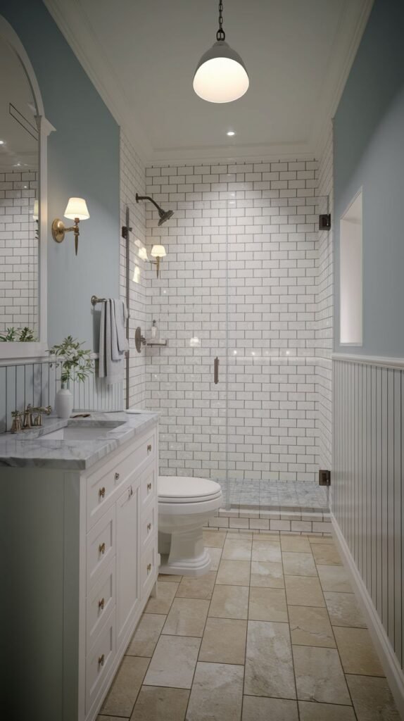 Modern Farmhouse Bathroom featuring light blue walls, white beadboard, and a walk-in subway tiled shower.