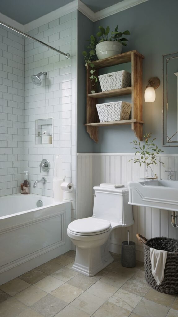 Modern Farmhouse Bathroom utilizing a deep blue-gray paint color contrasting with white beadboard and natural wood storage.