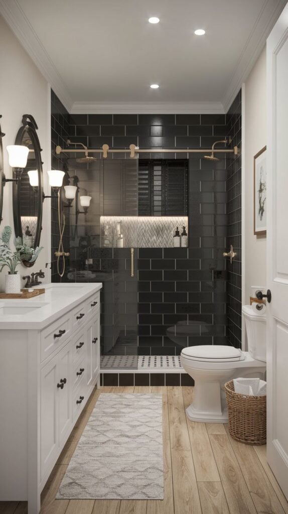 Modern Farmhouse Bathroom with wood floors and a black tiled shower featuring copper-toned sliding door hardware.