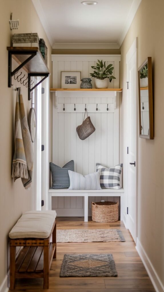 Farmhouse entryway featuring a white built-in storage bench with shiplap-style paneling, decorated with striped and gingham pillows, adjacent to a wooden bench with a cushioned seat.