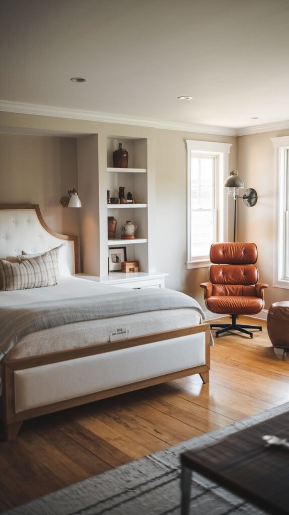 Cozy bedroom with light wooden flooring, featuring a white upholstered bed with wood trim, built-in shelving, and a rich brown leather armchair with a matching ottoman.