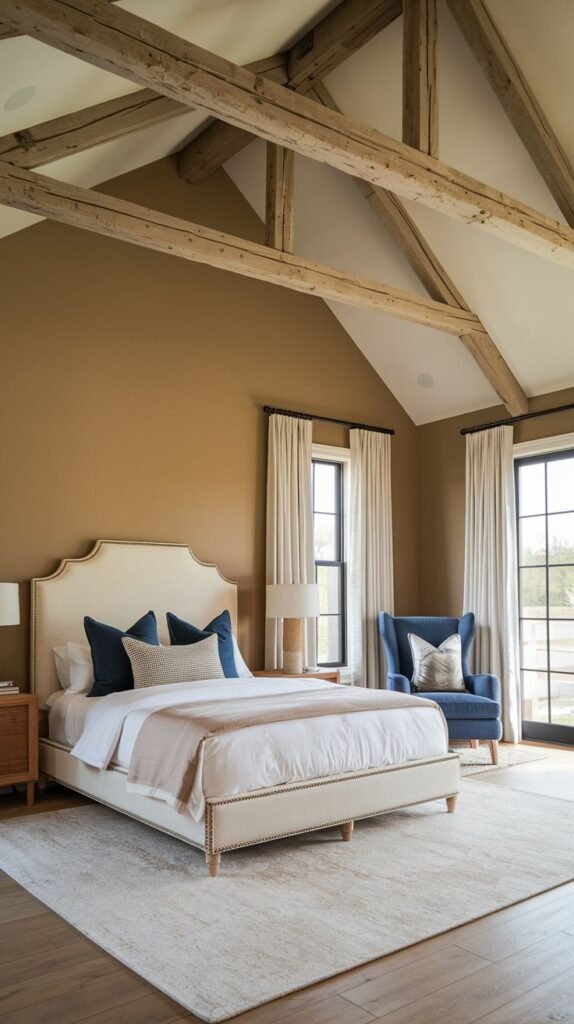Grand bedroom featuring a high vaulted ceiling with rustic exposed wooden trusses, walls painted a warm caramel color, and an upholstered bed with navy accent pillows.