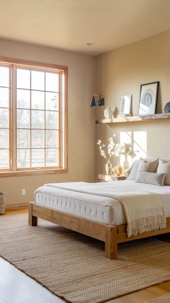 Minimalist bedroom with light beige textured walls, centered on a low wooden platform bed, anchored by a large woven jute rug and illuminated by a large grid-paned window.