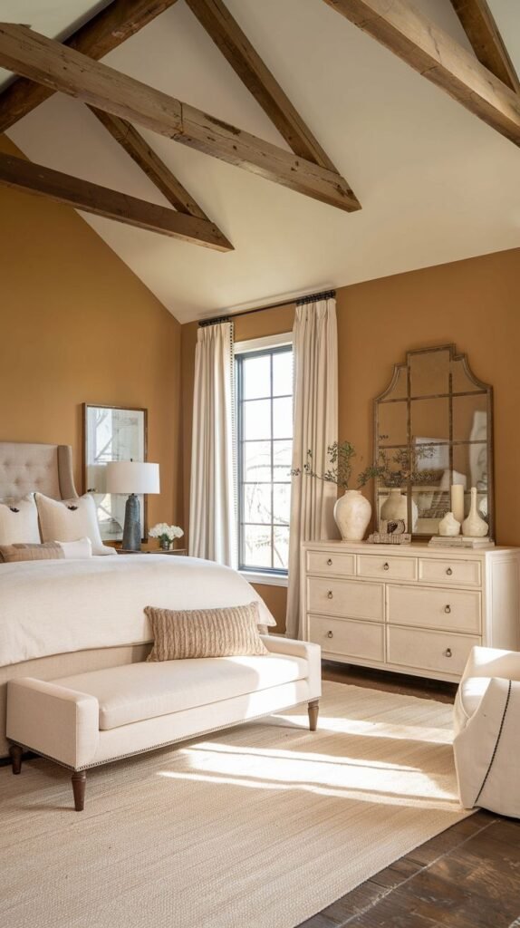 Bedroom featuring a high, vaulted ceiling with heavy exposed wood beams, displaying a cream dresser topped by a large, ornate geometric-framed mirror.