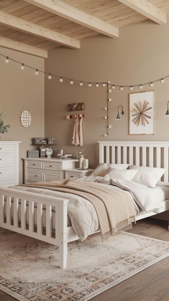Cottage-style bedroom with a white slatted bed frame, light wood plank ceiling, exposed beams, and whimsical decorative string lights adorning the beige wall.