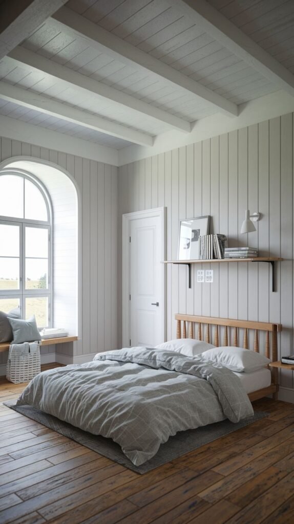 Light-filled bedroom featuring vertical shiplap walls, a white beamed ceiling, a natural wood spindle bed frame, and a dominant arched window with a window seat.
