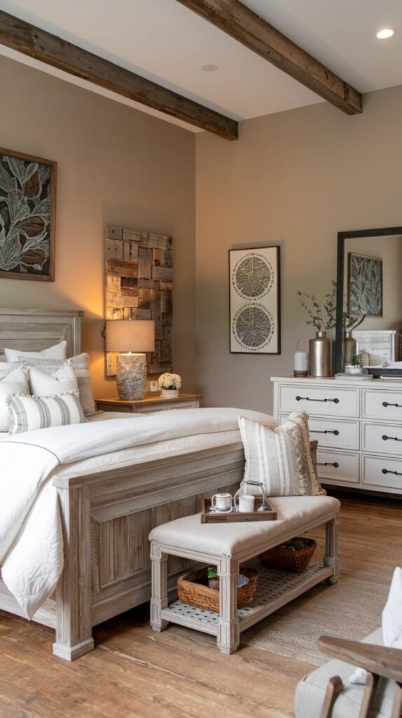 Rustic bedroom featuring distressed wood furniture, exposed ceiling beams, multiple pieces of geometric and leaf-motif wall art, and a white six-drawer dresser.