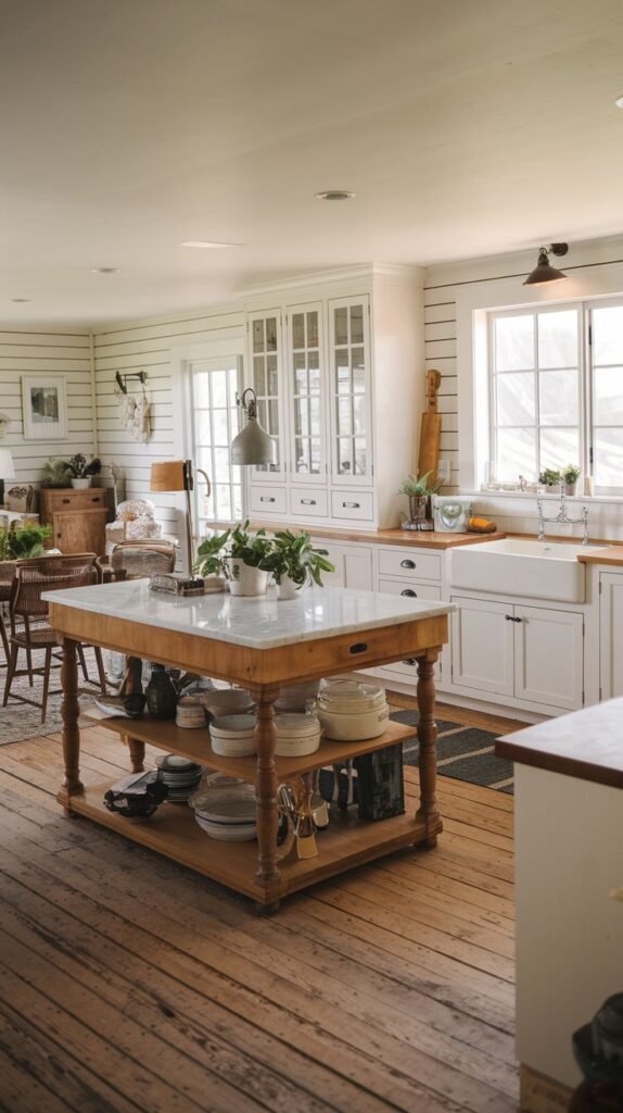 Classic farmhouse kitchen with white cabinetry, horizontal shiplap walls, wood countertops, a white apron sink, and a large central freestanding wooden island with a marble top.