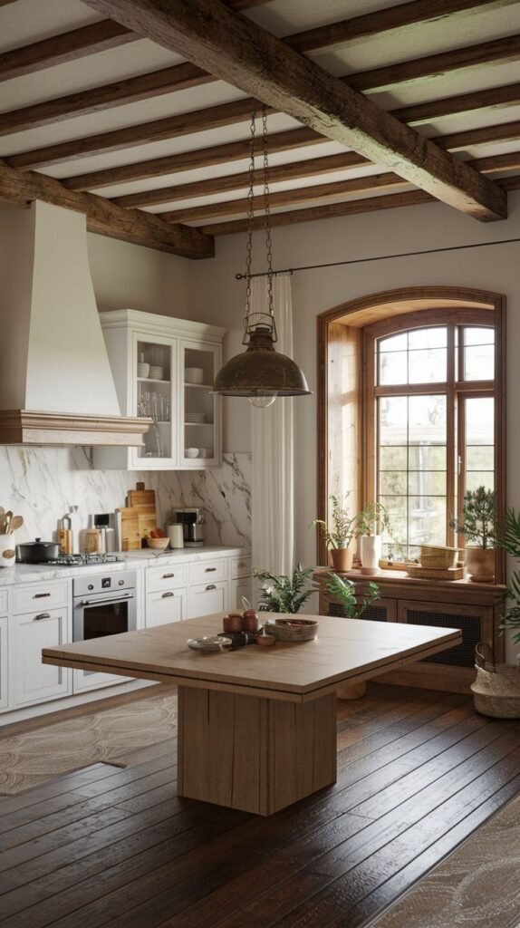 Kitchen with dark exposed timber ceiling beams, white lower cabinets, a marble slab backsplash, and a large square wood island beneath a rustic industrial pendant light.