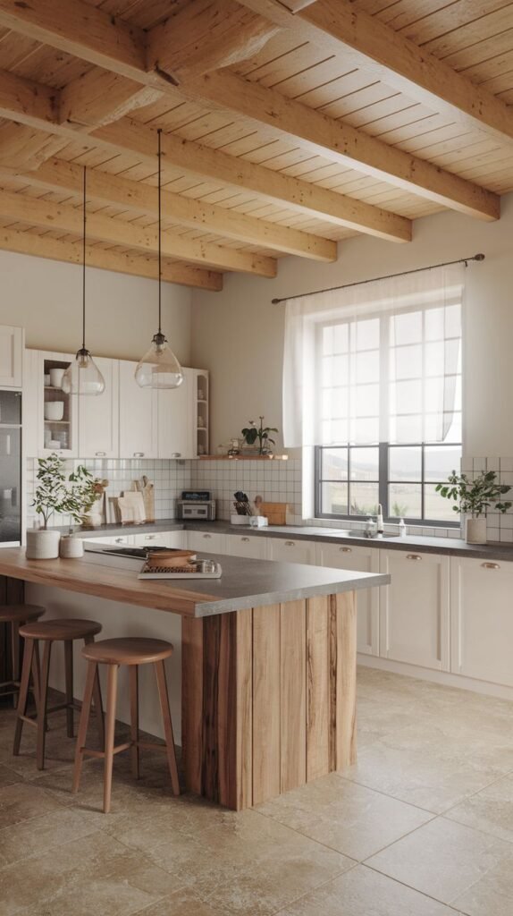 Bright kitchen featuring a light wood plank ceiling, white perimeter cabinets, and a modern island with a vertical wood slatted waterfall edge and three wooden bar stools.
